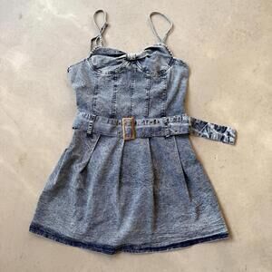 Y2K Acid Wash Denim Mini Dress with  Belt and Spaghetti Straps Size 1X